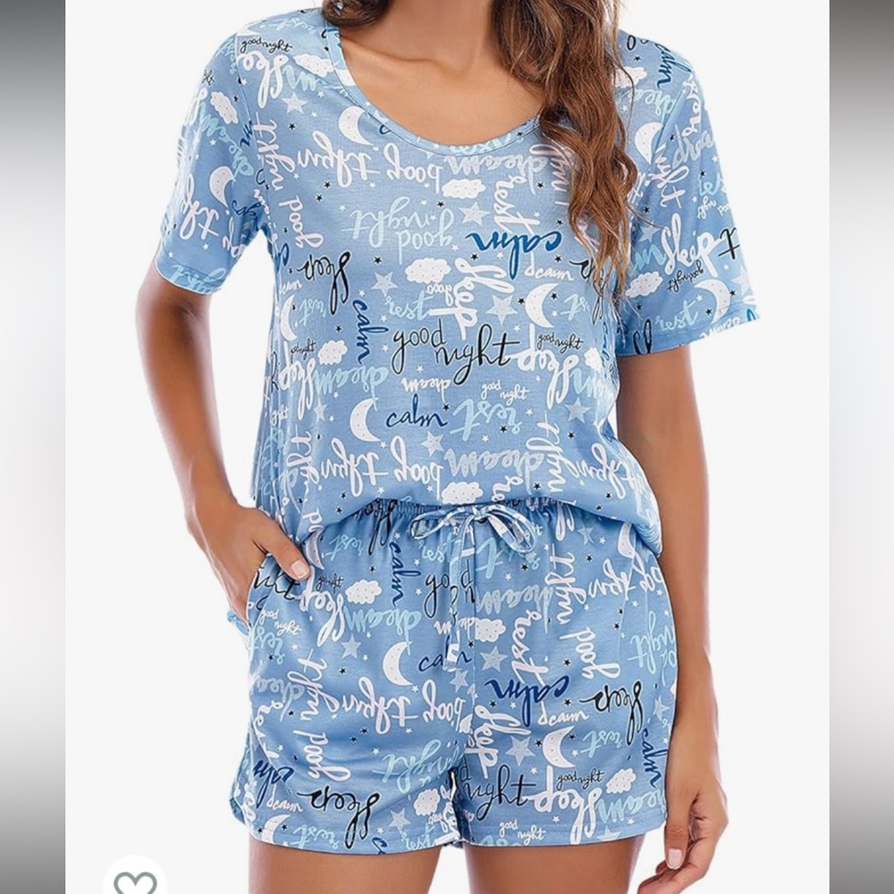MOYEE Cotton Short Sleeve Shorts Pajamas Set Clouds Moon 2 Pieces Pockets Blue S